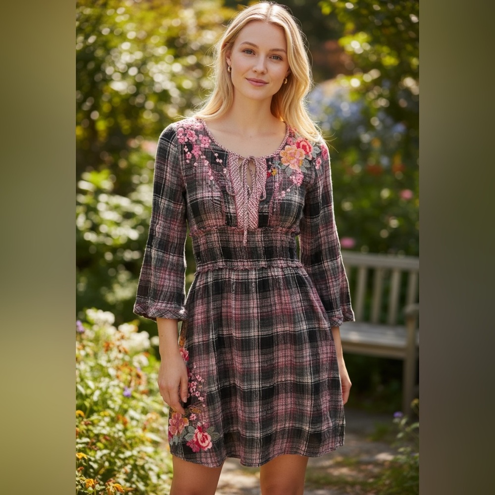 Johnny Was Pink and Black Plaid Embroidered Peasant Mini Dress